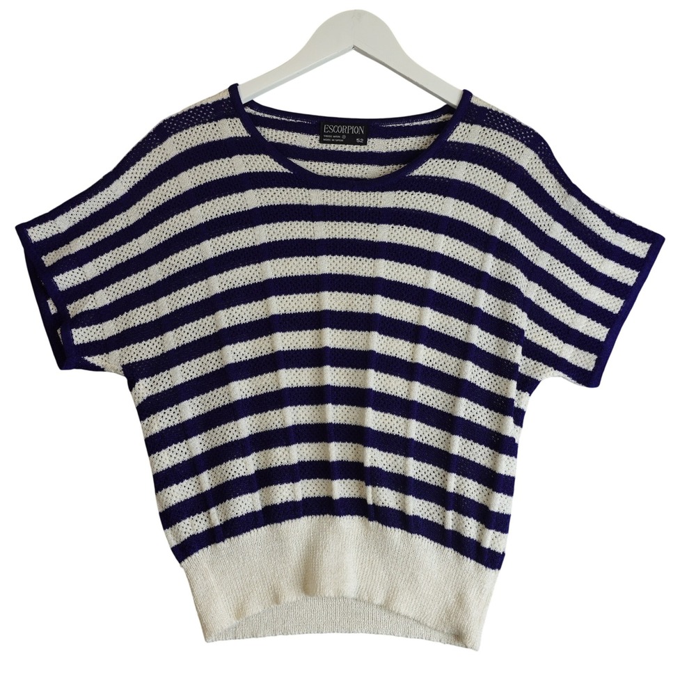 Vintage Striped Knit Top Womens M Blue White Nautical Retro Coastal French Girl
